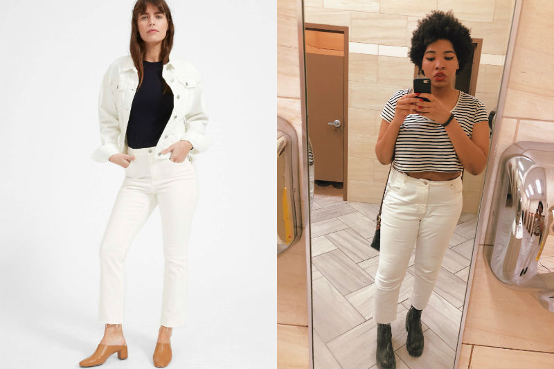My pose isn’t great in this random rest stop bathroom in Texas, but they look great IRL!!! | Photo on the left via Everlane, Photo on the right via random rest stop bathroom in east Texas.